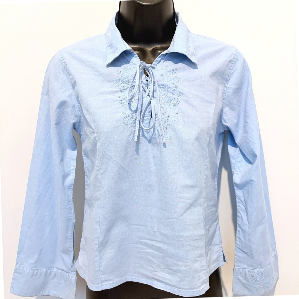 Vintage SO Long Sleeve Embroidered Butterfly Lace Up Top Blue